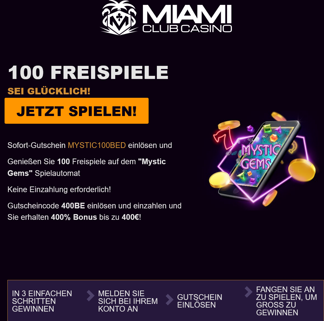 Miami
Club 100 Free
Spins
(German) Miami
Club 100 Free
Spins
(German)